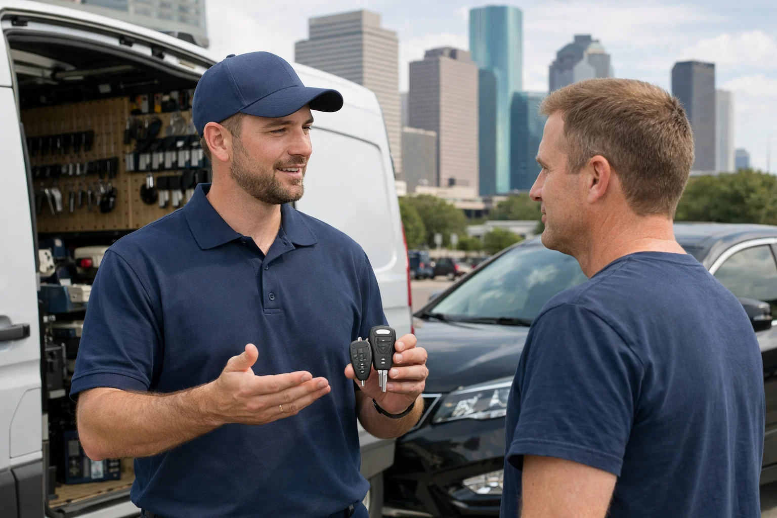 Mobile locksmith explaining affordable car key replacement pricing to a customer in Houston TX