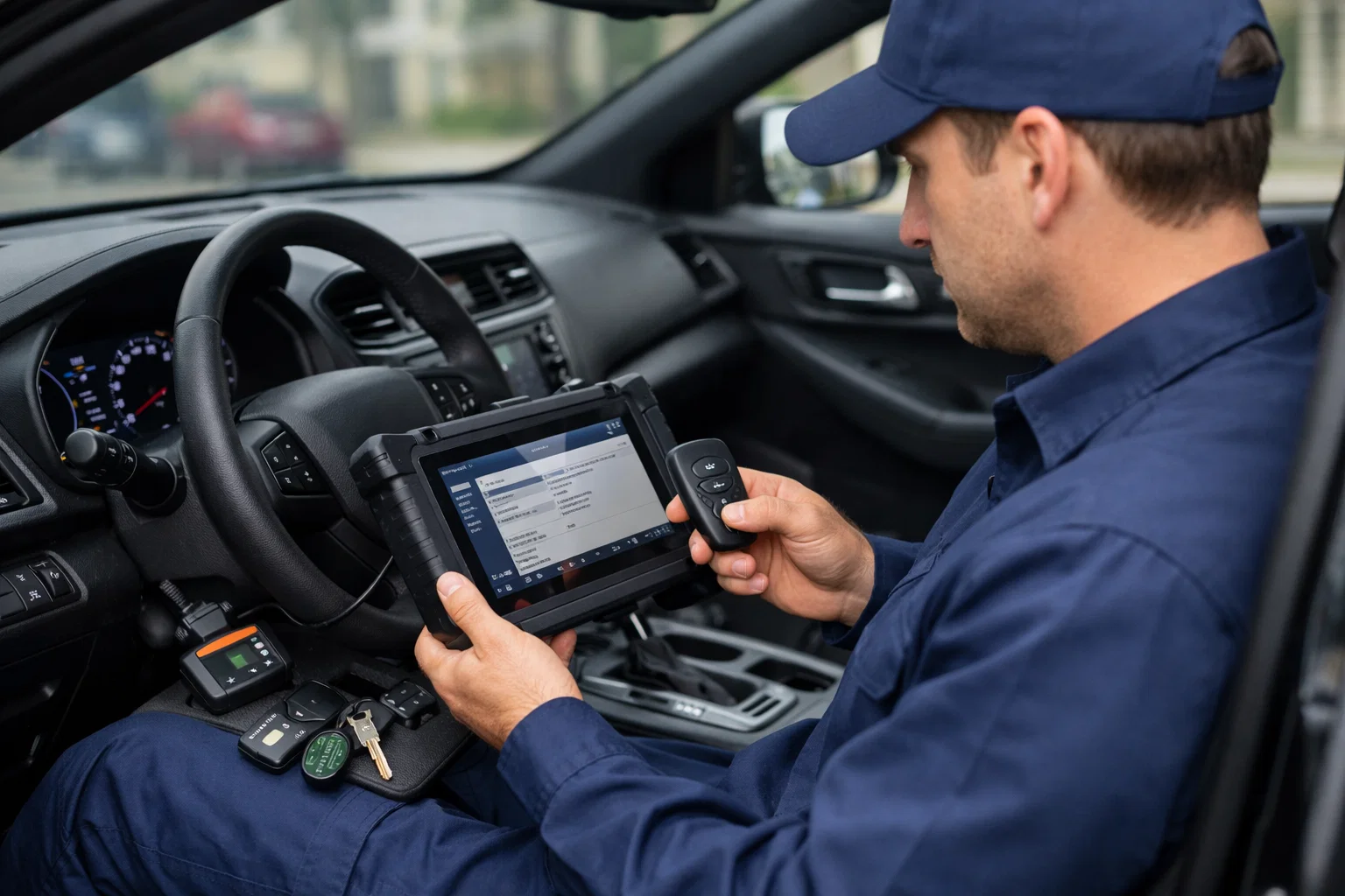 Car locksmith diagnosing smart key and transponder failure in Houston TX for Lost Car Keys Houston TX