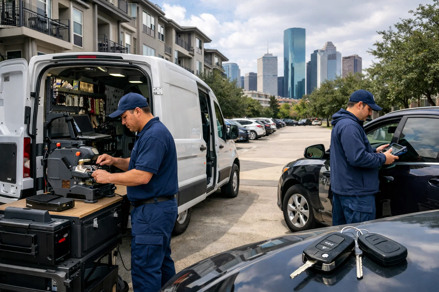 Mobile car key replacement service at an apartment complex in Houston TX by Lost Car Keys Houston TX