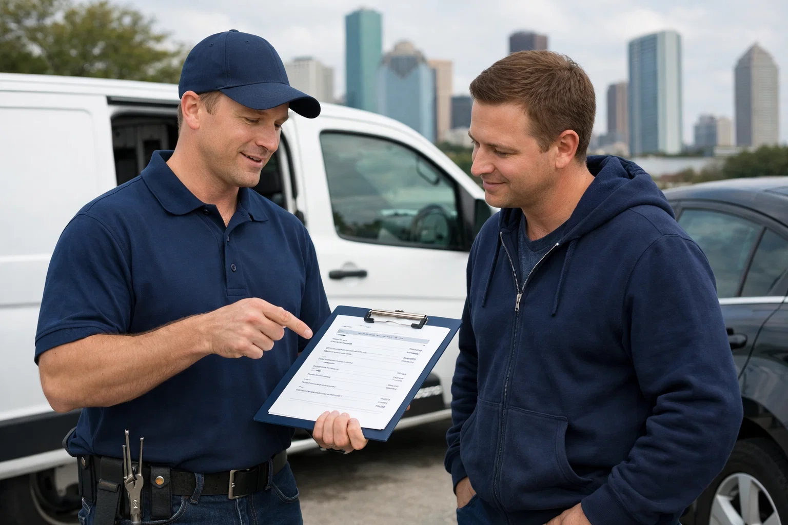 Mobile locksmith explaining affordable car unlock service pricing to a customer in Houston TX
