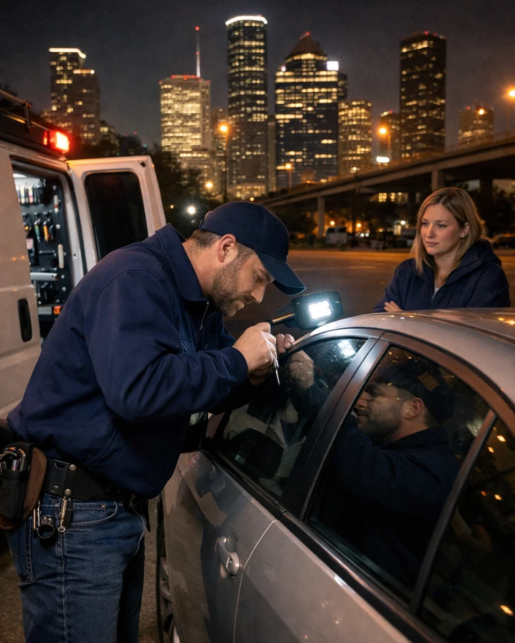 Emergency mobile locksmith unlocking a car at night for a stranded driver in Houston TX