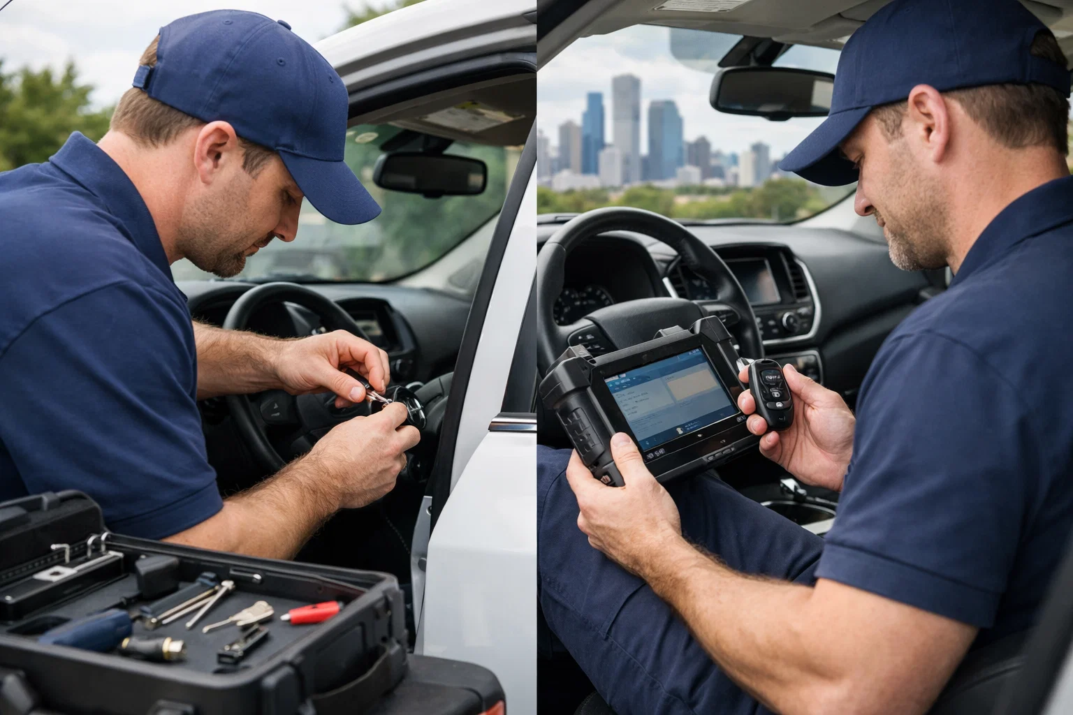 Mobile locksmith extracting a broken car key and programming a smart key for a vehicle in Houston TX 