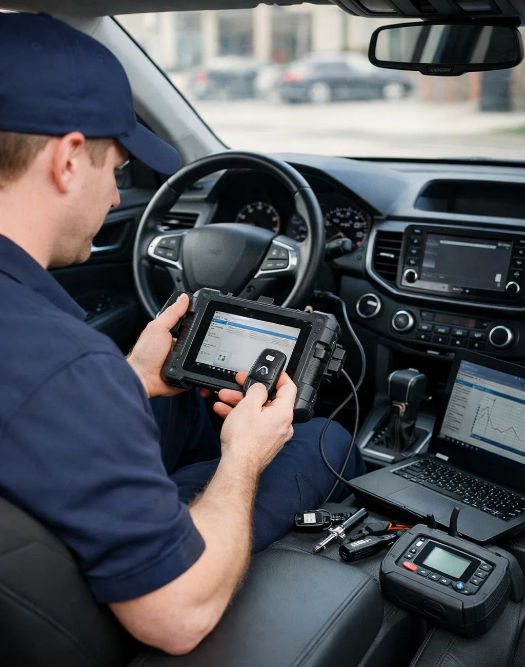 Automotive locksmith upgrading vehicle security system and programming smart keys in Houston TX