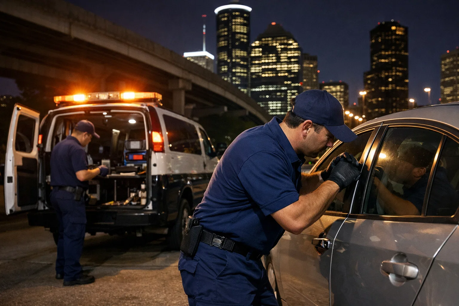24 hour emergency car locksmith unlocking a vehicle in Houston TX for Lost Auto Keys Houston TX