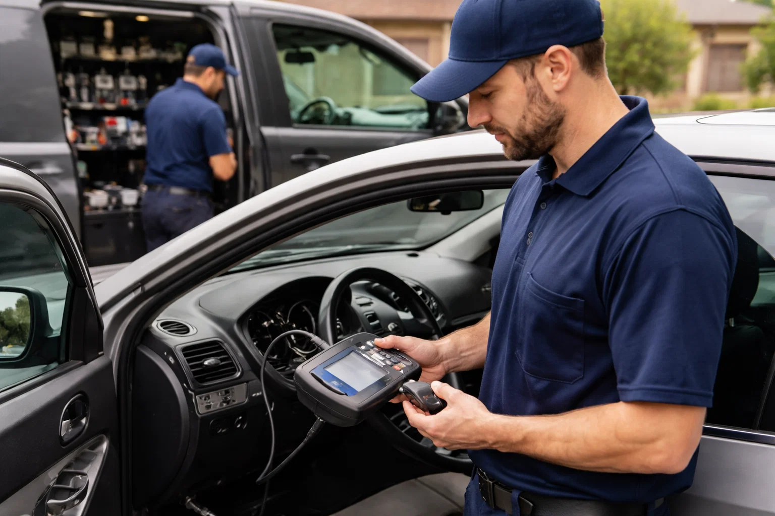 Mobile locksmith reprogramming a transponder car key in Houston TX for Lost Car Keys Houston TX