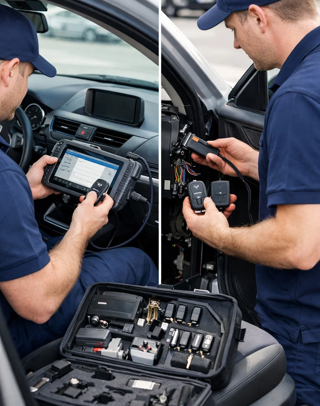 Mobile locksmith programming a smart key and upgrading vehicle security system inside a car in Houston TX