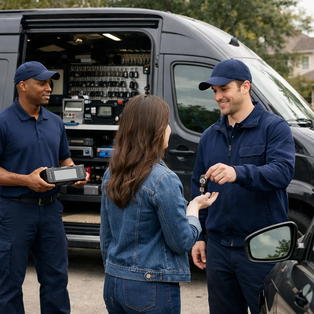 Customer contacting Lost Car Keys Houston TX mobile auto locksmith for fast car key replacement service in Houston
