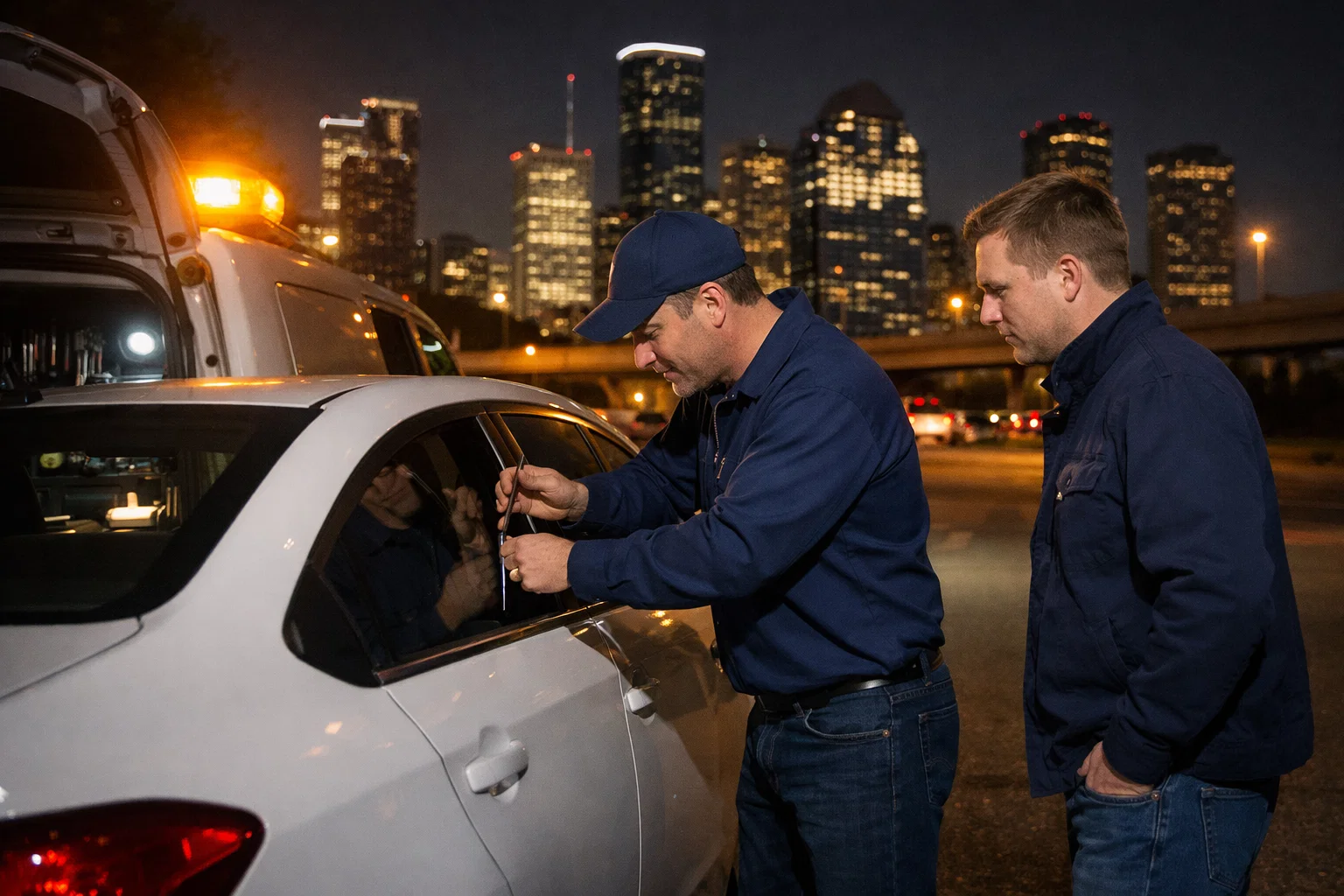 Emergency mobile locksmith helping a driver with lost car keys at night in Houston TX