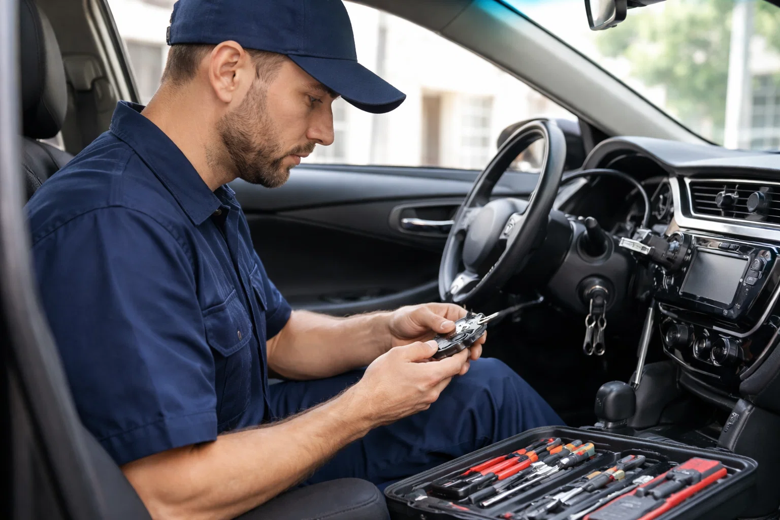 Car locksmith diagnosing worn ignition key and cylinder issues in Houston TX for Lost Car Keys Houston TX
