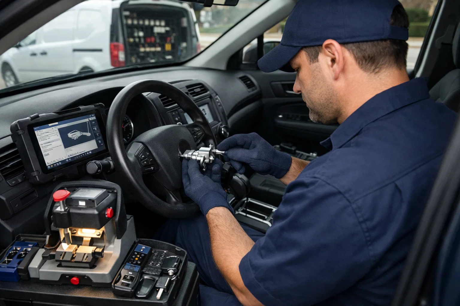 Mobile locksmith performing ignition rekeying and security upgrade in Houston TX for Lost Car Keys Houston TX