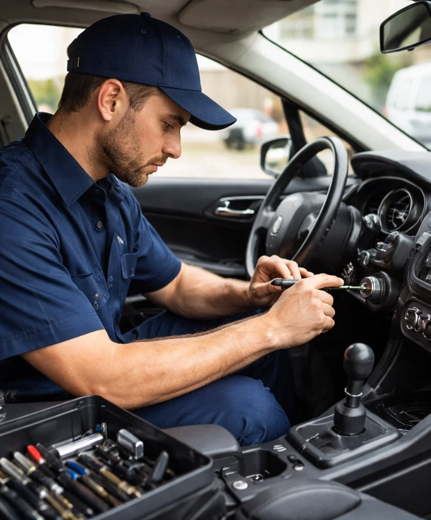 Mobile locksmith repairing ignition and starting vehicle in Houston TX for Lost Car Keys Houston TX