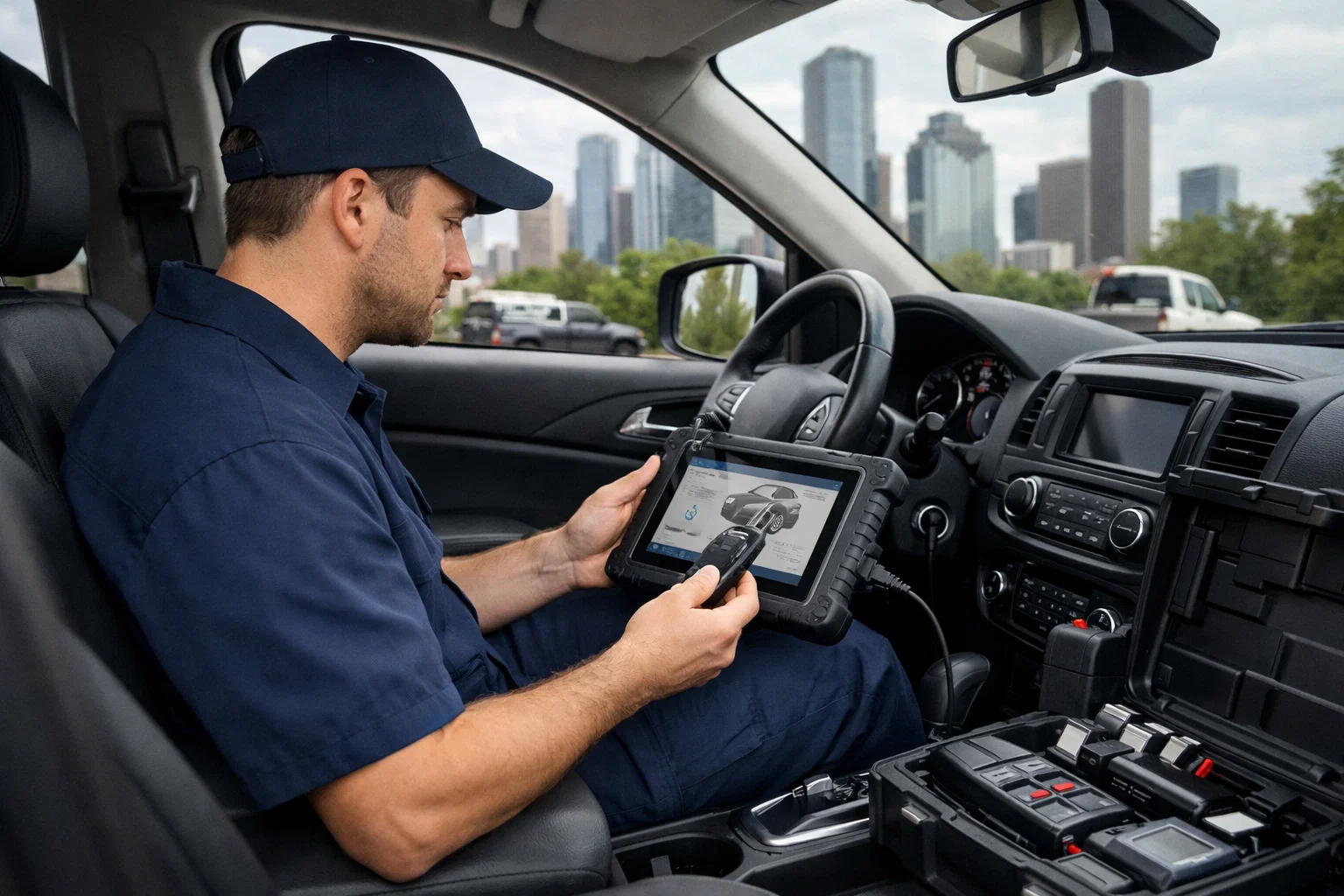 Car locksmith diagnosing key and vehicle communication system in Houston TX for Lost Car Keys Houston TX