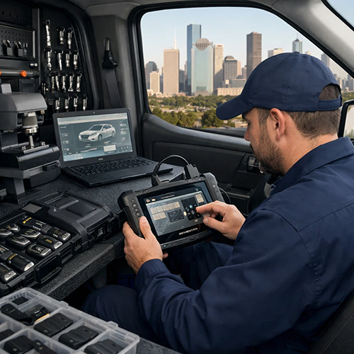 Auto locksmith using advanced key programming technology inside mobile service vehicle in Houston