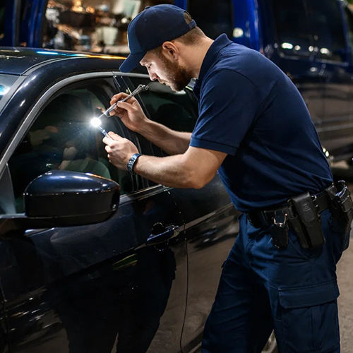 Emergency mobile auto locksmith unlocking car at night in Houston for Lost Car Keys Houston TX