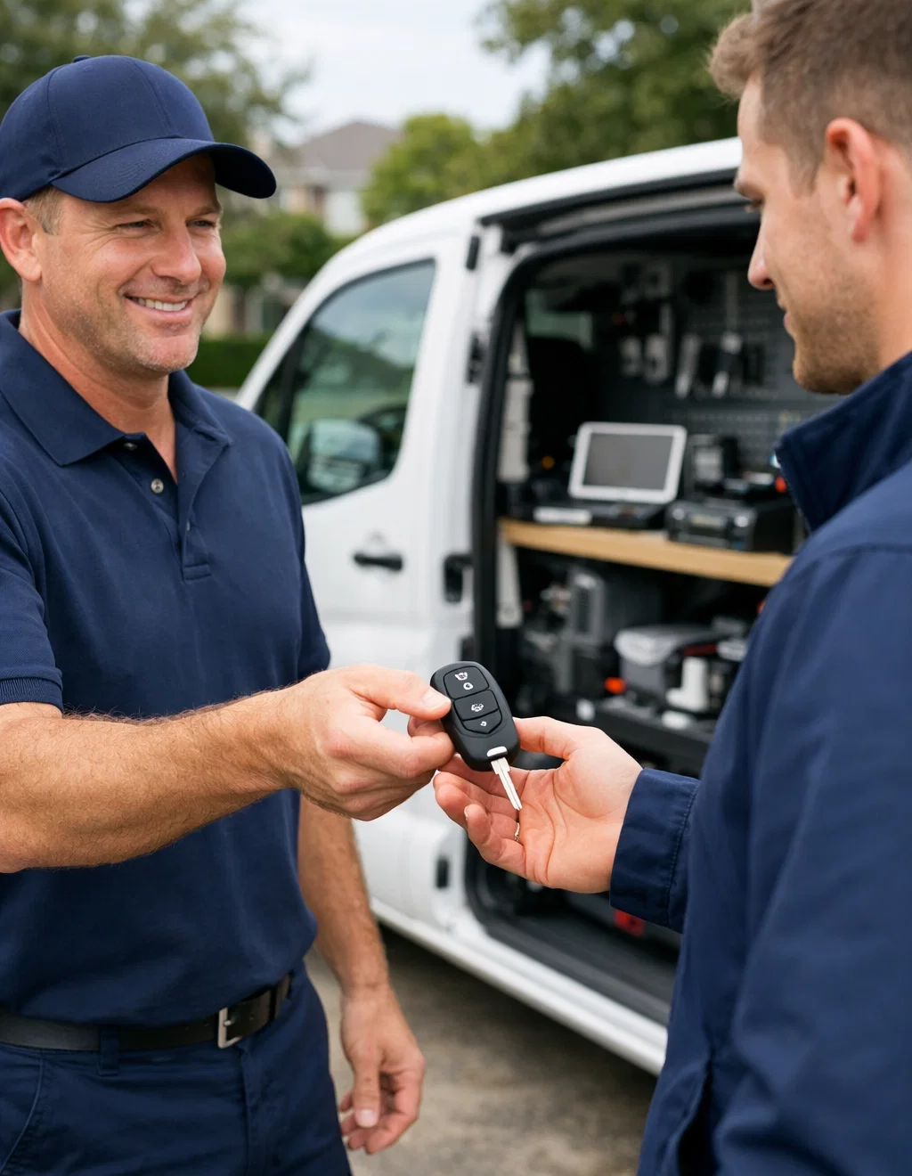 Locksmith handing a newly programmed car key to a customer during mobile service in Houston TX