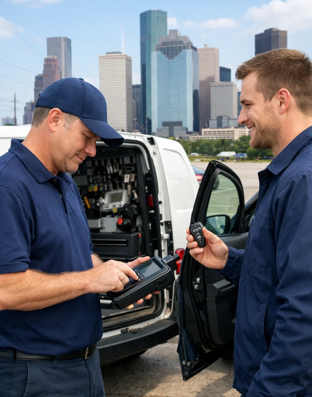Mobile locksmith replacing and programming a car key on site for a driver in Houston TX