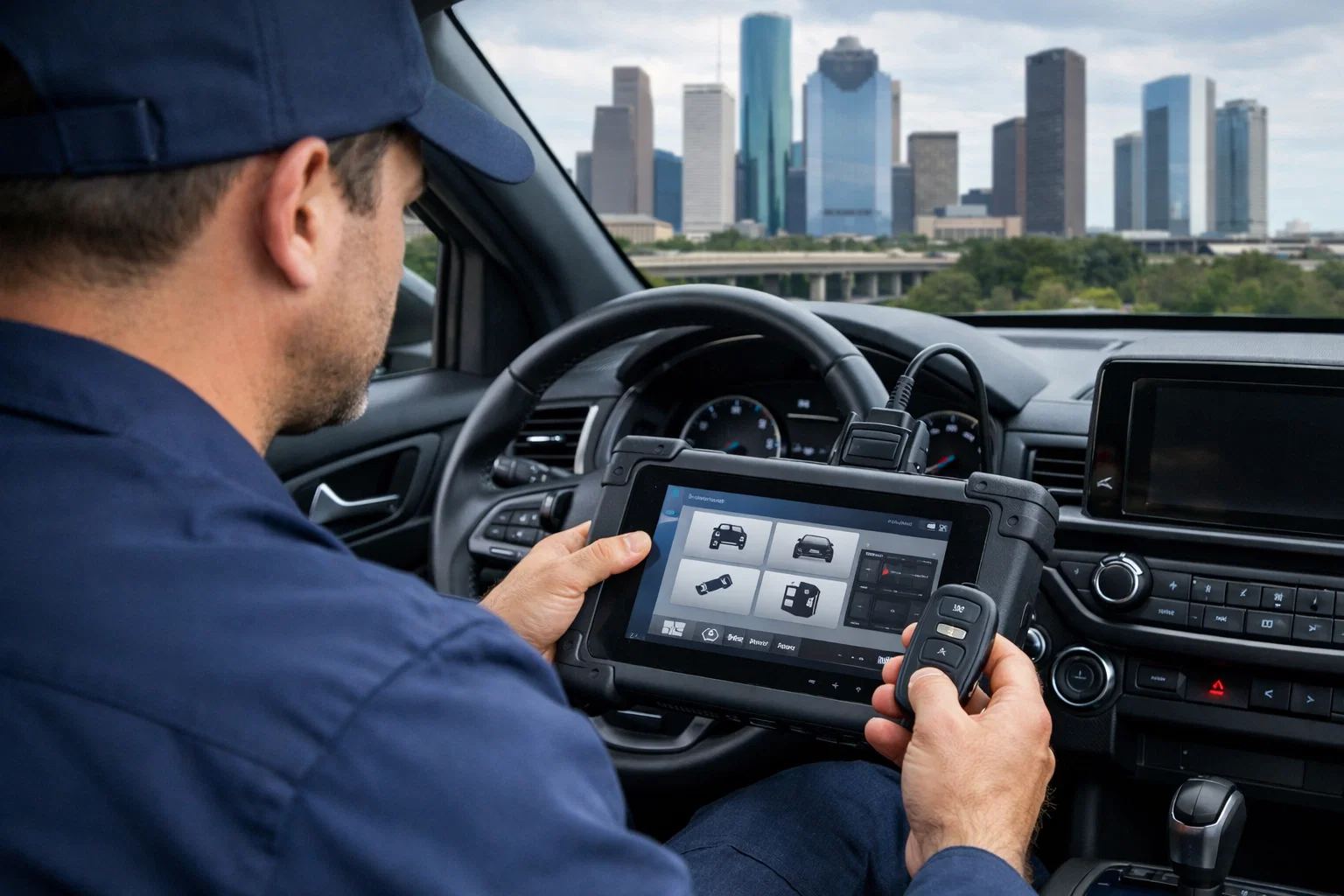 Automotive locksmith programming a transponder key for a modern vehicle in Houston TX using advanced diagnostic equipment
