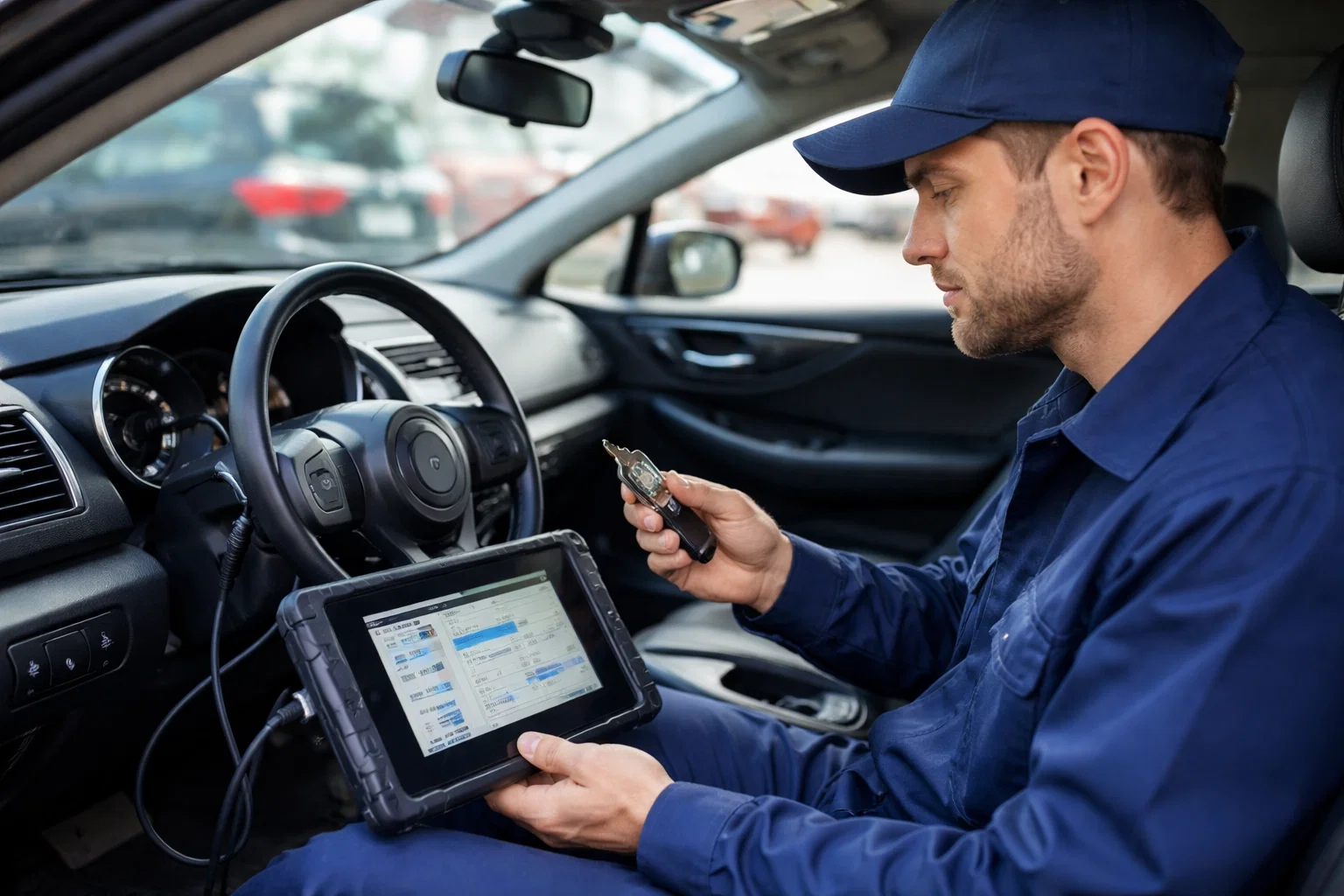 Car locksmith diagnosing transponder key signal and chip failure in Houston TX for Lost Car Keys Houston TX