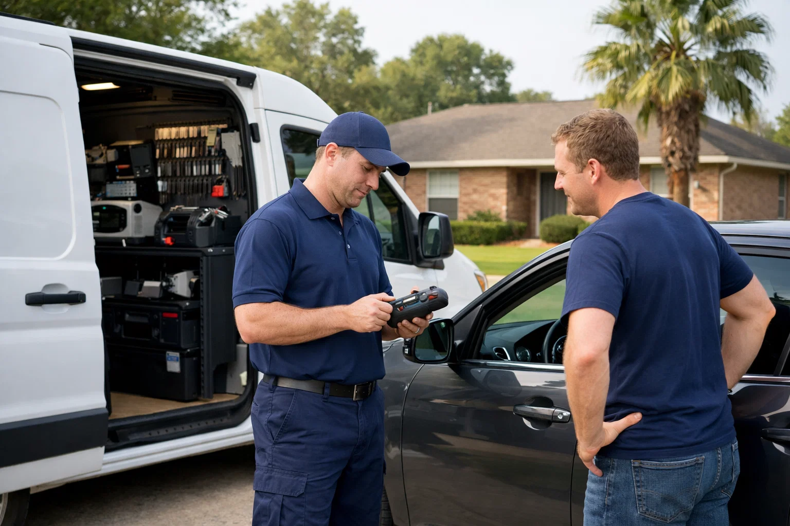 Local mobile locksmith providing reliable car key service to a customer in a Houston neighborhood