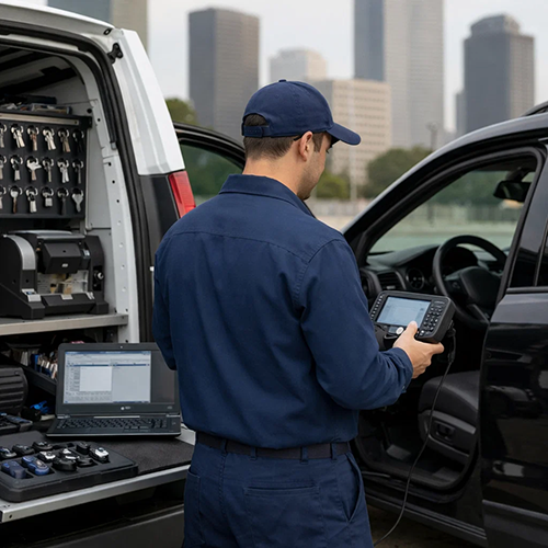 Mobile auto locksmith technician providing car key programming service in Houston for Lost Car Keys Houston TX